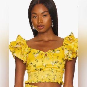 ALICE + OLIVIA NWT SHANAE RUFFLE SLEEVE SMOCKED TOP SIZE  XL ESCAPE DITSY YELLOW